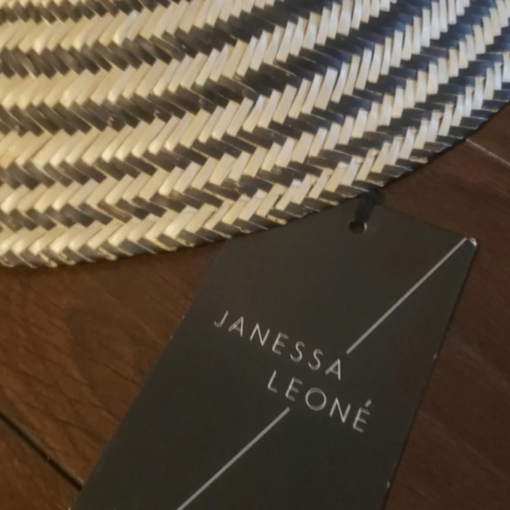 Janessa Leone Straw Boater Hat with Black Stripes